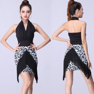 Women leopard Latin dance dresses female Leopard-print Latin dance body tops bag hip fringed skirt Patchwork irregular skirt