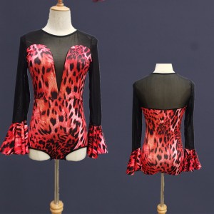 Women leopard printed latin ballroom dance tops red blue brown printed stage performance salsa rumba chacha dance bodysuits for female