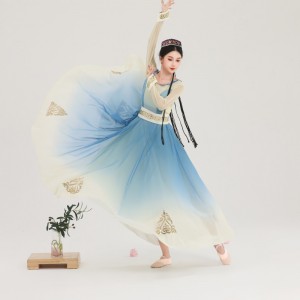 Women light blue gradient chinese folk dress minority xinjiang dance costumes Uighur opening dance swing skirts for female