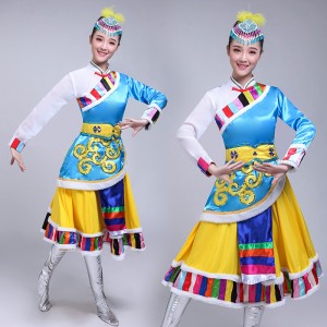 Women mongolian dance costumes blue yellow Tibetan Dance Dress Skirt robe female adult Mongolia performance dress minority stage performance dress