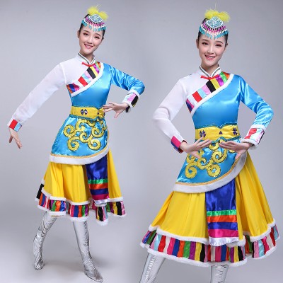 Women mongolian dance costumes blue yellow Tibetan Dance Dress Skirt robe female adult Mongolia performance dress minority stage performance dress
