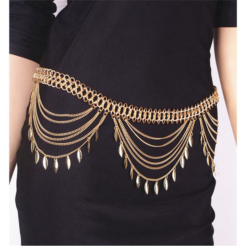 Women Multi-layer chain leaf tassel fashion waist chain fashion jewelry  personality punk rock bar nightclub stage performance body chain