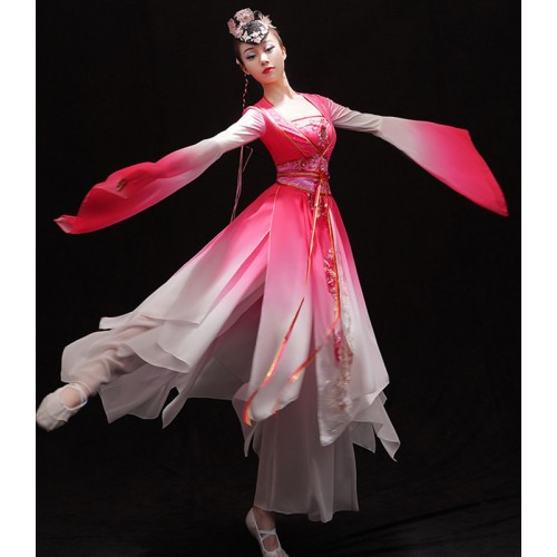 Women pink gradient fairy hanfu chinese folk Classical dance costume female Chinese fan Yangko dance costume solo water Sleeve Dance dresses
