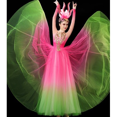Women pink with green petals flamenco dance dresses Opening dance ballroom dance dresses paso double spanish bull dance gown for female