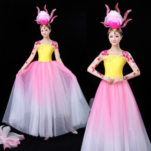 Women pink with yellow flowers chinese folk dance dress fairy traditional classical dance dresses stage performance princess dress