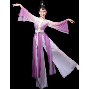Women princess dresses purple gradient chinese Classical dance performance costume female waterfall Sleeve Hanfu Fairy practice costume