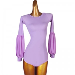 Women purple ballroom dance body top Lantern Long Sleeve Ballroom Dance bodysuits Crew Neck Latin Dance Top