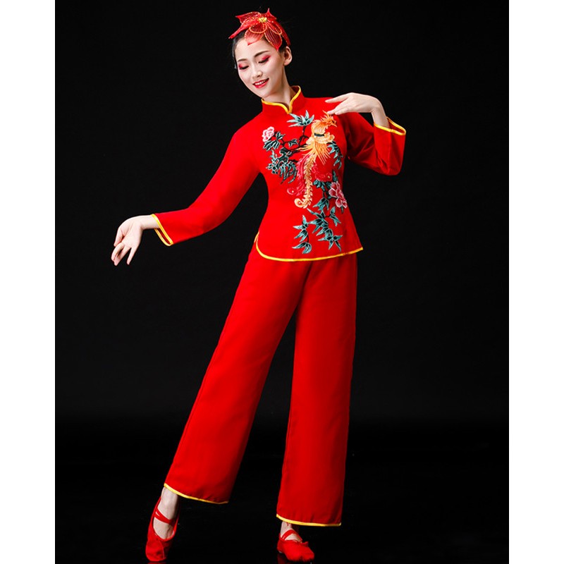Women Red Chinese folk dance costumes ancient traditional Yangko umbrella fan dance clothes for women