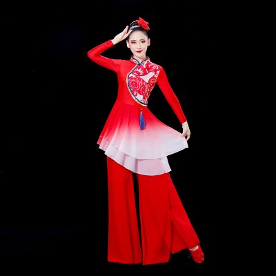 Women Red chinese folk dance dresses yangko umbrella fan dance clothing Chinese style classical dance costume women's fan dance wear