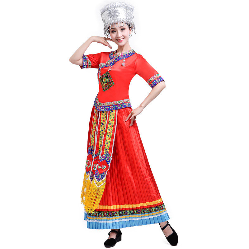 Women red color chinese miao hmong dance dressess Guangxi Zhuang performance Dress Dance Performance dress female Miao nationality dress