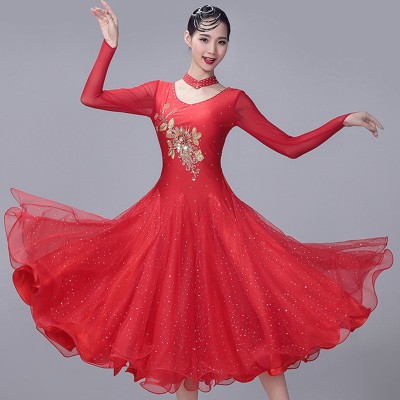 Women red colored ballroom dancing dress stage performance waltz tango dance dress ballroom dance costumes