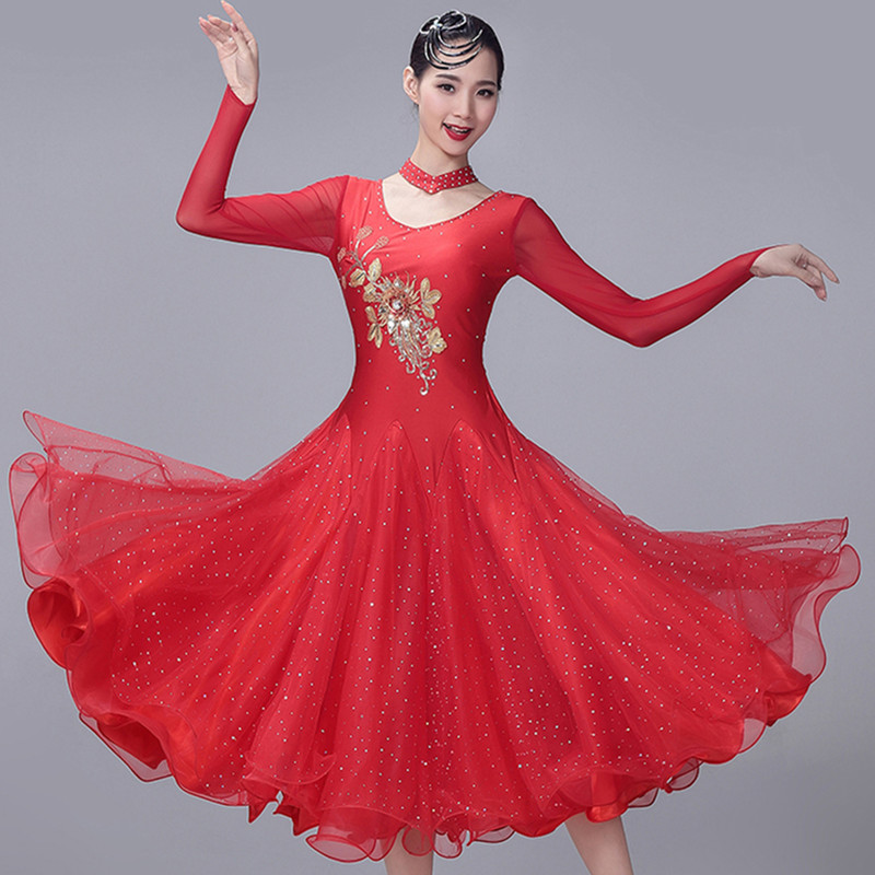 Women Red Colored Ballroom Dancing Dress Stage Performance Waltz Tango Dance Dress Ballroom 
