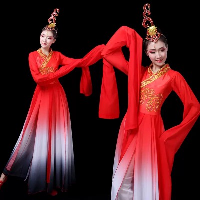Women Red colored Water sleeves Chinese folk dance costume jinghong throwing sleeve ancient traditional chinese umbrella fairy classical dance dresses for woman