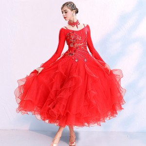 Women red competition ballroom dance dresses diamond professional waltz tango foxtort dance gown 