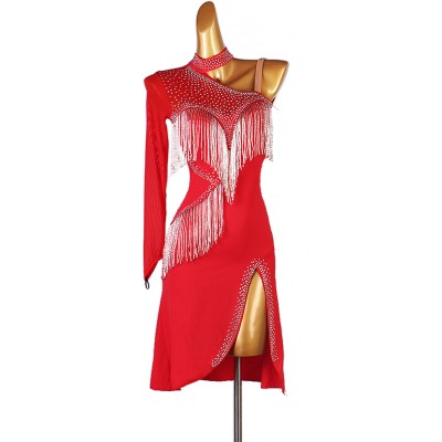 Women red fringed diamond competition latin dresses  for girls inclined shoulder one sleeves stage performance latin dance outfits salsa rumba chacha dance dress