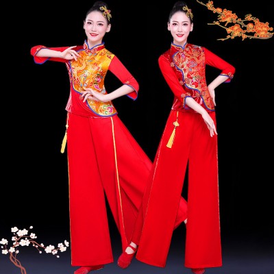 Women red gold chinese dragon folk dance costumes ancient traditional drummer yangko umbrella fan dance dress for women