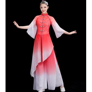 Women red gradient chinese folk dance dresses hanfu Chinese ancient traditional classical dance costumes yangko umbrella dance clothes for woman