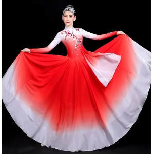 Women Red Gradient color chinese folk dance dress opening flamenco modern dance choir chorus stage performance long swing skirts for female