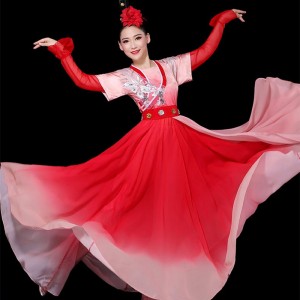 Women red gradient hanfu chinese traditional Classical dance performance costume female Chinese style fairy umbrella fan performance costume