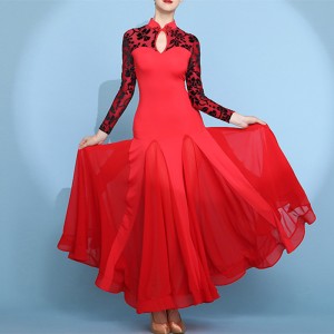 Women red velvet professional stage performance ballroom dance dresses waltz tango foxtrot smooth dance long gown for lady