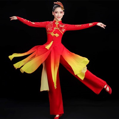 Women Red with gold Chinese dragon drum performance costume female adult Chinese folk yangko dance dresses fan festive folk dance suit