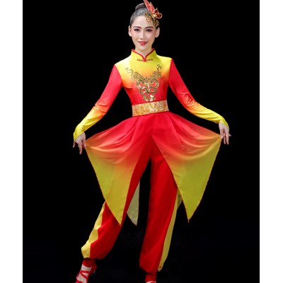 Women Red with gold Chinese Folk Dance Costumes ancient traditional yangge umbrella drummer dance clothes for female