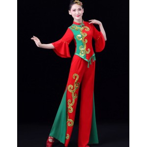 Women red with green chinese Yangko dance costume female drumming costume fan dance performance costume ethnic square dance suit