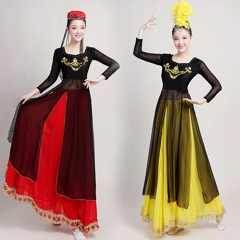 Women Red Yellow Blue Xijiang Dance Dresses Uyghur dance costume female swing  skirts Ethnic minority xinjiang performance clothes costumes for art exams