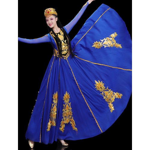 Women royal blue Chinese Xinjiang dance Dresses minority xinjiang Uyghur dance Stage performance costumes practice big skirt