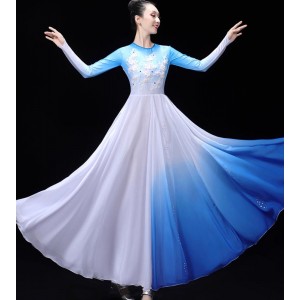 Women royal blue gradient chinese folk dance dress mongolian dance costumes modern dance choir chorus stage performance long skirts