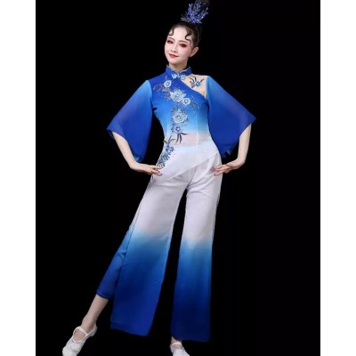 Women Royal Blue Gradient Chinese Folk Dance Dresses Umbrella Yangge Fan Traditional classical dance costumes for female