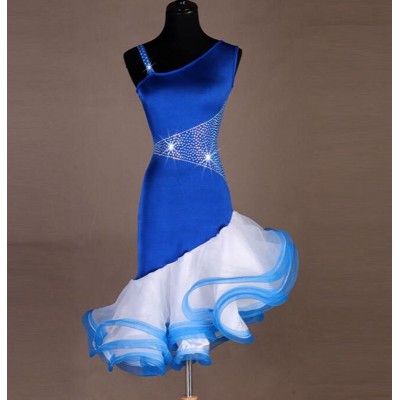 Women royal blue with white competition latin dance dresses with gemstones asymmetrical skirts professional standard chacha rumba salsa dance dress for lady