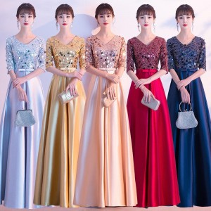 women silver navy red Gold sequined long dress singers host choir church stage performance long skirt song chorus competition clothing long gown for female