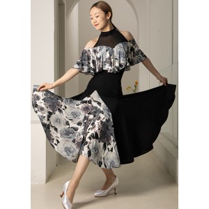 Women silver printed flowers ballroom dance dresses ladies waltz tango ruffled dress for female stage performance clothing long gown