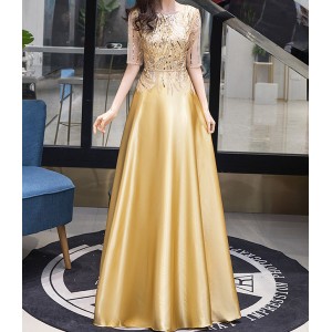 Women singers host stage performance Red Champagne Gold long dress female choir sequined performance costume annual meeting host evening dress 