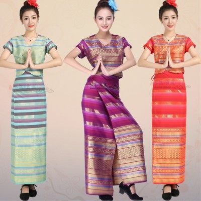 Women Thailand laos clothing Yunnan Dai peacock dance dress for female Dai Hulusi performance costume Short-sleeved Dai  Songkran costumes