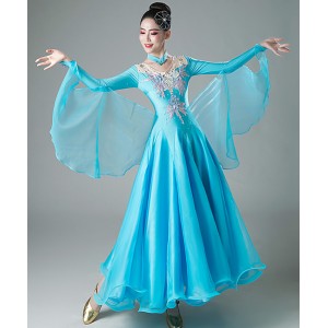 Women turquoise blue competition ballroom dancing dresses for girls with float sleeves waltz tango foxtrot smooth dance long skirt dress for female