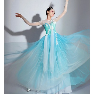 Women turquoise gradient Chinese folk dance dress flamenco paso double spanish bull dance swing skirts stage performance opening dance costumes for female