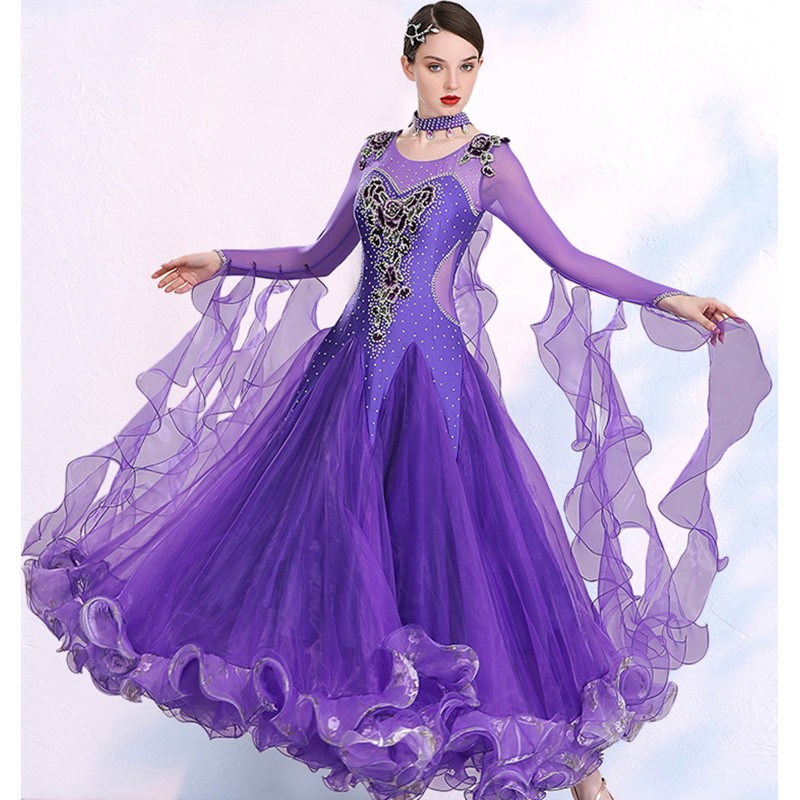 Women violet purple competition ballroom dance dresses rhinestones embroidered foxtort tango smooth waltz dance dress gown for female