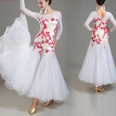 Women white ballroom dance dresses for female ladies  flroal printed lace waltz tango foxtrot smooth dance dresses