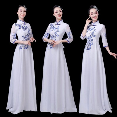 Women White Blu White Porcelain Chinse qipao Dress model show miss etiquette performance dress modern song choir recitation dress