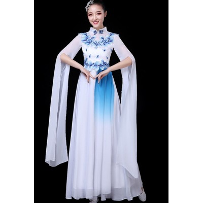 Women white blue porcelain waterfall sleeves chinese folk classical dance dresses fan umbrella fairy princess yange dance costumes hanfu for female
