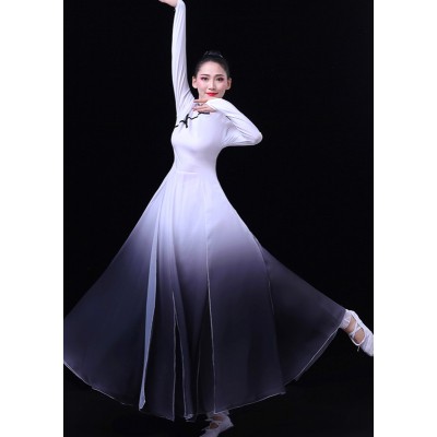Women white with black gradient color chinese folk dance dress china traditional fairy classical dance costumes yangko fan dance hanfu qipao dress for female