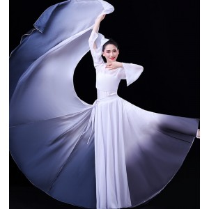 Women white with black gradient color chinese folk dance dresses big swing skirts chinese Classical dance performance costume fairy princess performance hanfu