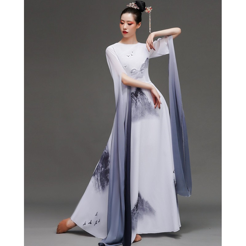 Women white with black gradient color waterfall sleeves chinese folk dance dress ancient traditional classical dance fairy princess dance dress for lady