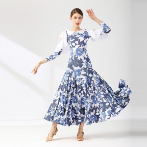 Women white with blue printed ballroom dance dresses tango foxtrot dance skirts adult ballroom dance costume waltz skirt