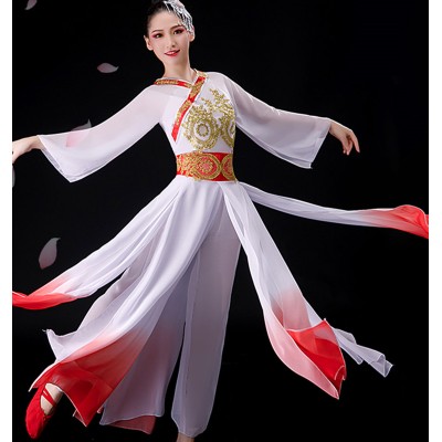 Women white with red  gradient chinese folk classical dance costumes yangko umbrella fan elegant fairy hanfu dance dress Chinese style gradient color fan dance suit