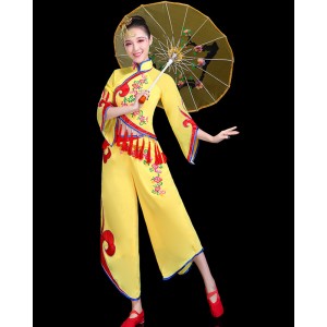 Women yellow green color chinese folk Yangko dance costume umbrella stage performance costume female adult fan dance ethnic classical costume