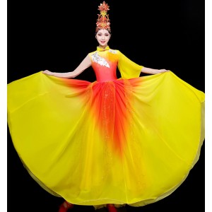 Women yellow with red chinese folk dance dresses flamenco spanish bull dance skirts stage opening chorus ballroom dance dresses