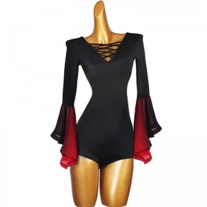 Women young girls ballroom latin dance bodysuits red with black gradient long flare sleeves waltz tango stage foxtort stage performance jumpsuits